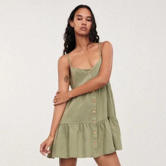 Zara Linen Blend Woven Strap Mini Tiered Summer Dress Green NWT Size Large - Picture 2 of 7